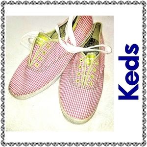 {Keds} pink check sneakers w/ green pops, sz 8.5